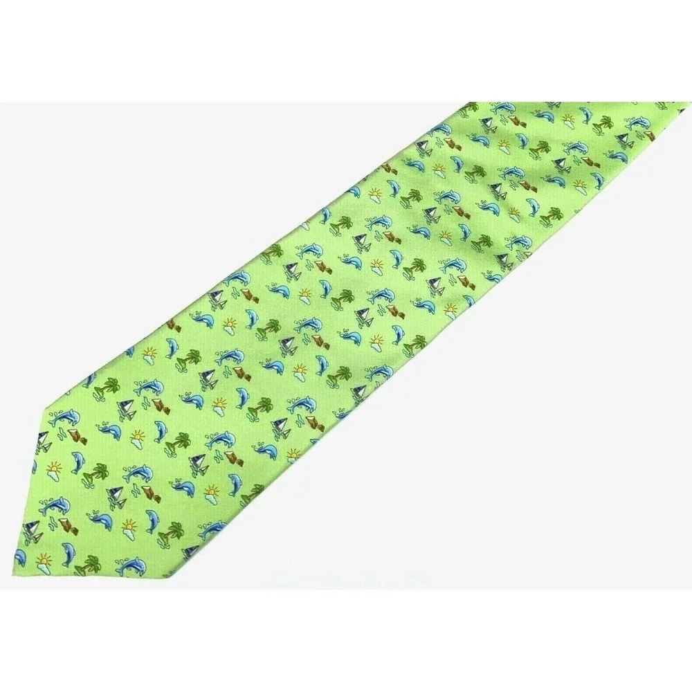 Jos. A. Bank Tie Dolphins Beach Palms Sailboats Green Hand-sewn All Silk Necktie